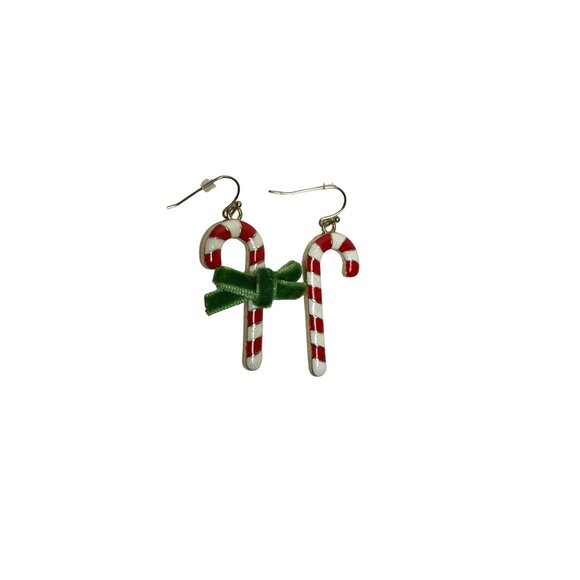 Candy Cane Dangle Earrings With Green Bow Christmas Holiday Jewelry - Picture 2 of 5